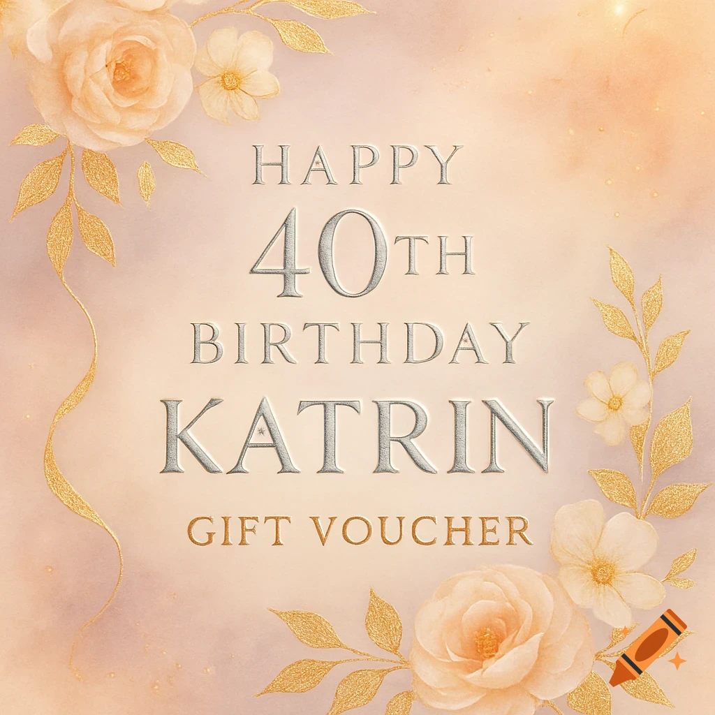A birthday gift voucher with pale orange roses, golden leaves, and text 'HAPPY 40TH BIRTHDAY KATRIN GIFT VOUCHER' on a peach background.
