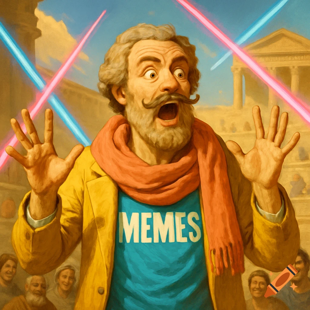 A dramatic painting of a bearded man in a yellow jacket and 'MEMES' t-shirt, hands raised in shock, with pink and blue laser beams and a classical building in the background.
