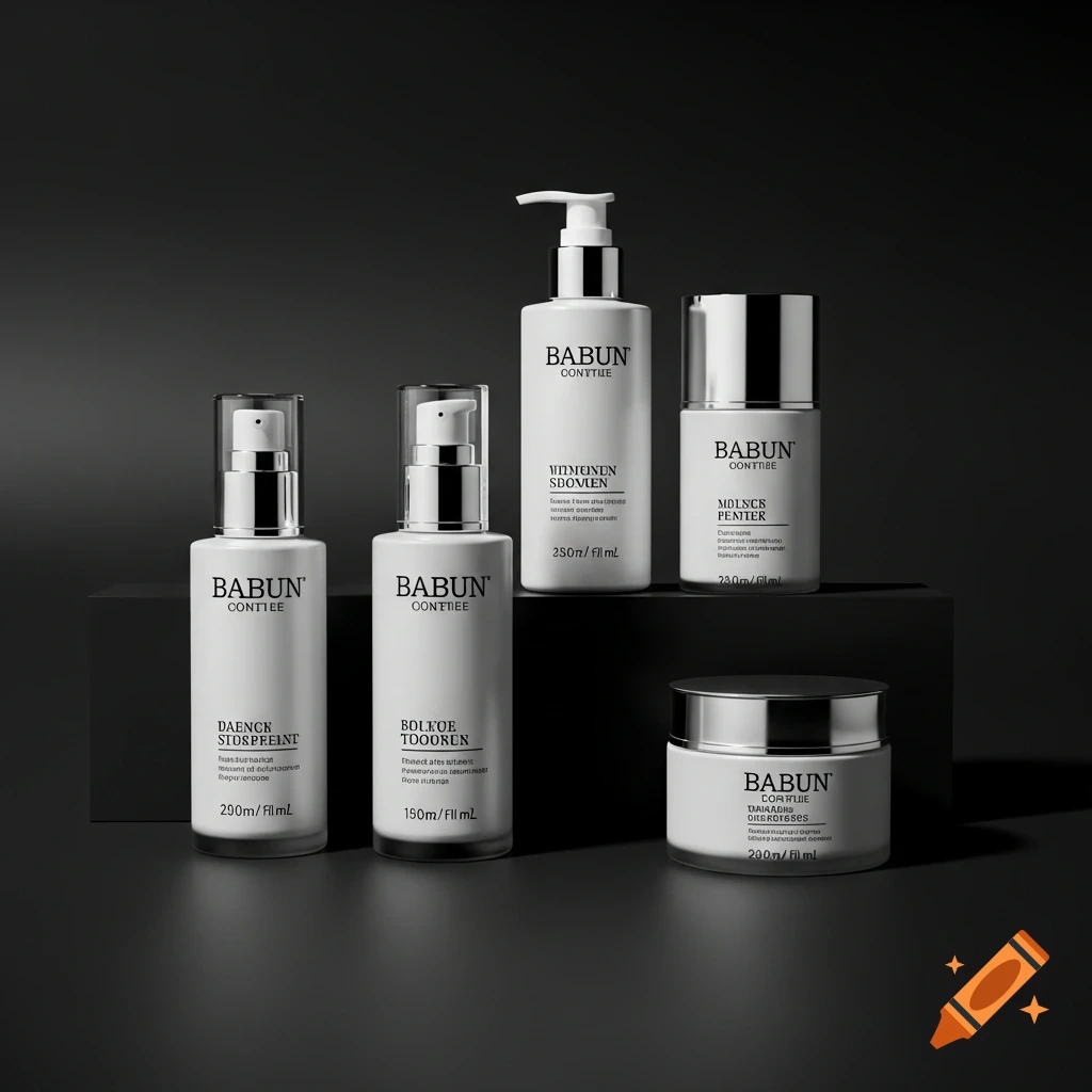 Five white and silver skincare product bottles and jars on dark minimalist risers, with soft studio lighting.