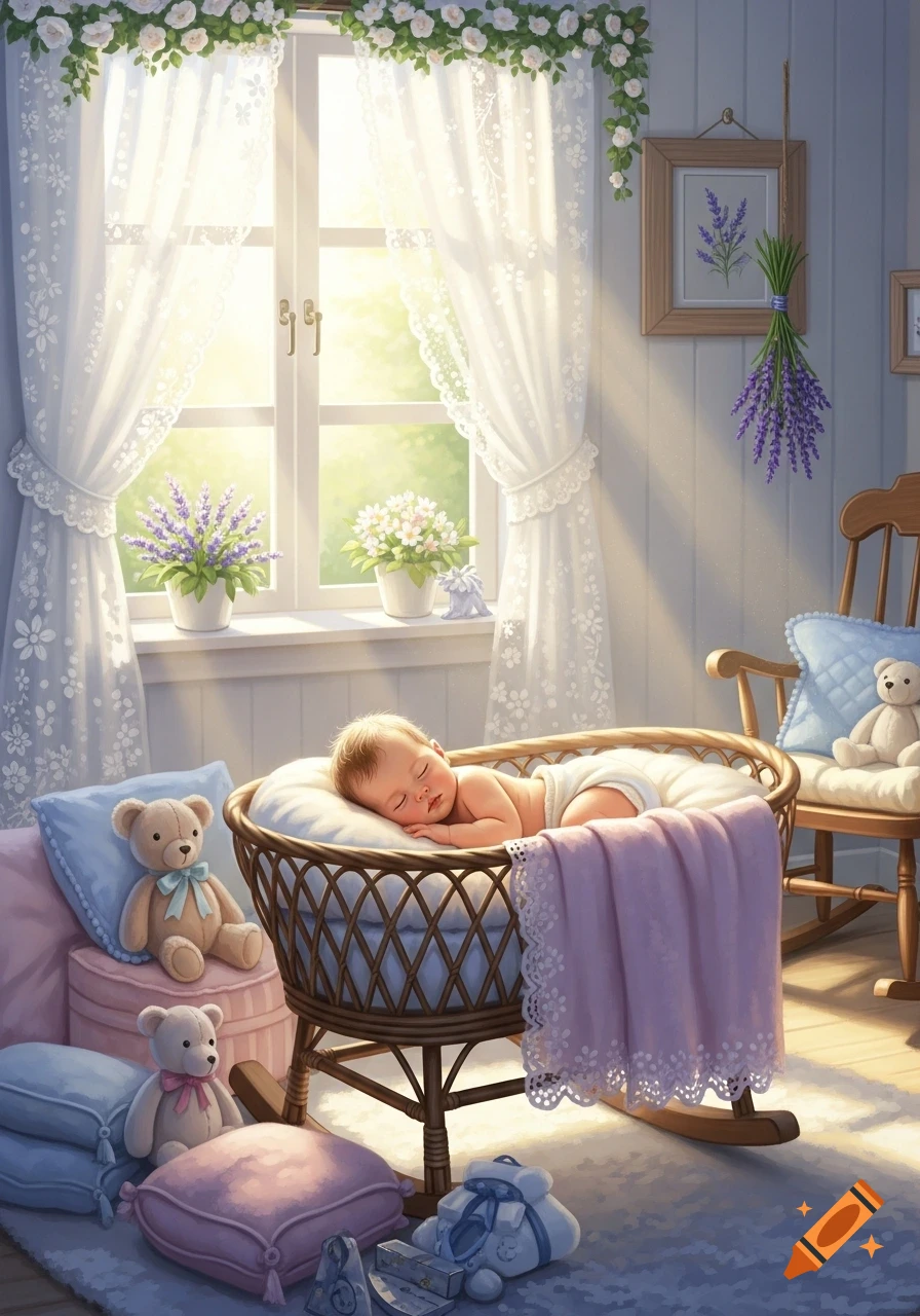 A sleeping baby in a wicker crib in a bright, cozy nursery with flowers, sheer curtains, and teddy bears.