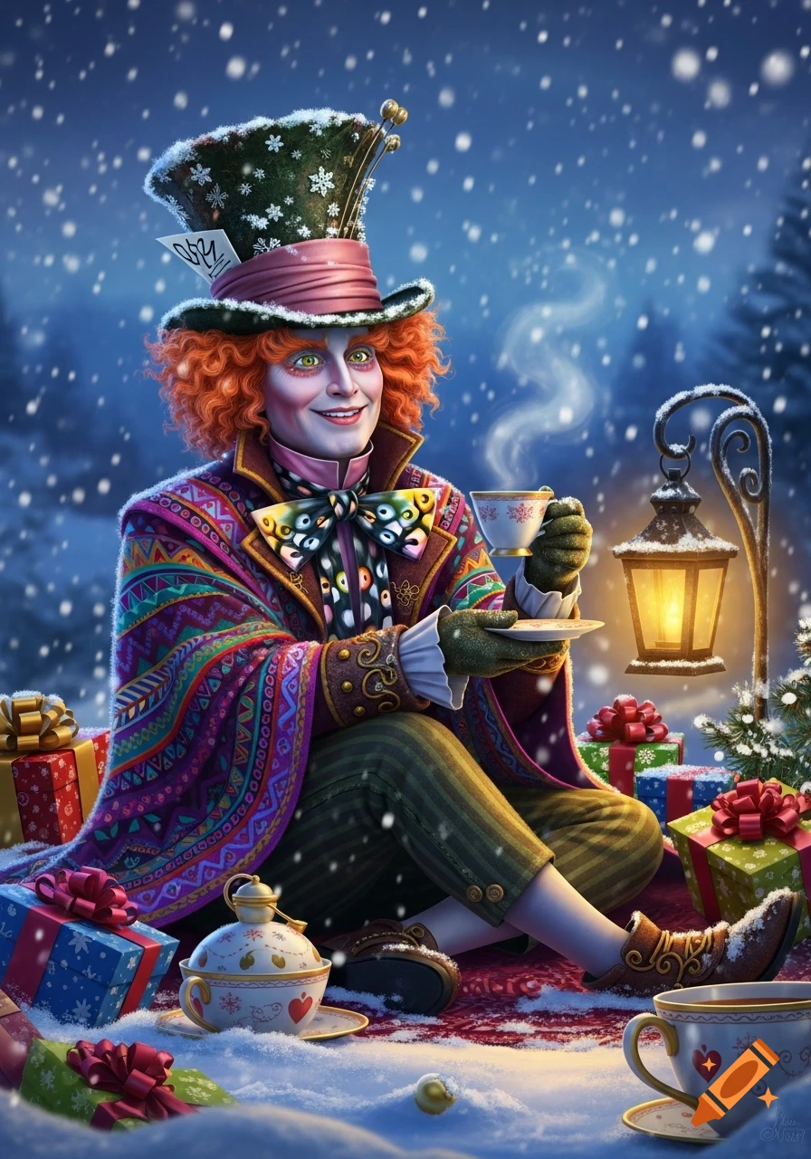 The Mad Hatter enjoys tea in a whimsical, snowy Christmas Wonderland surrounded by gifts and a lantern.