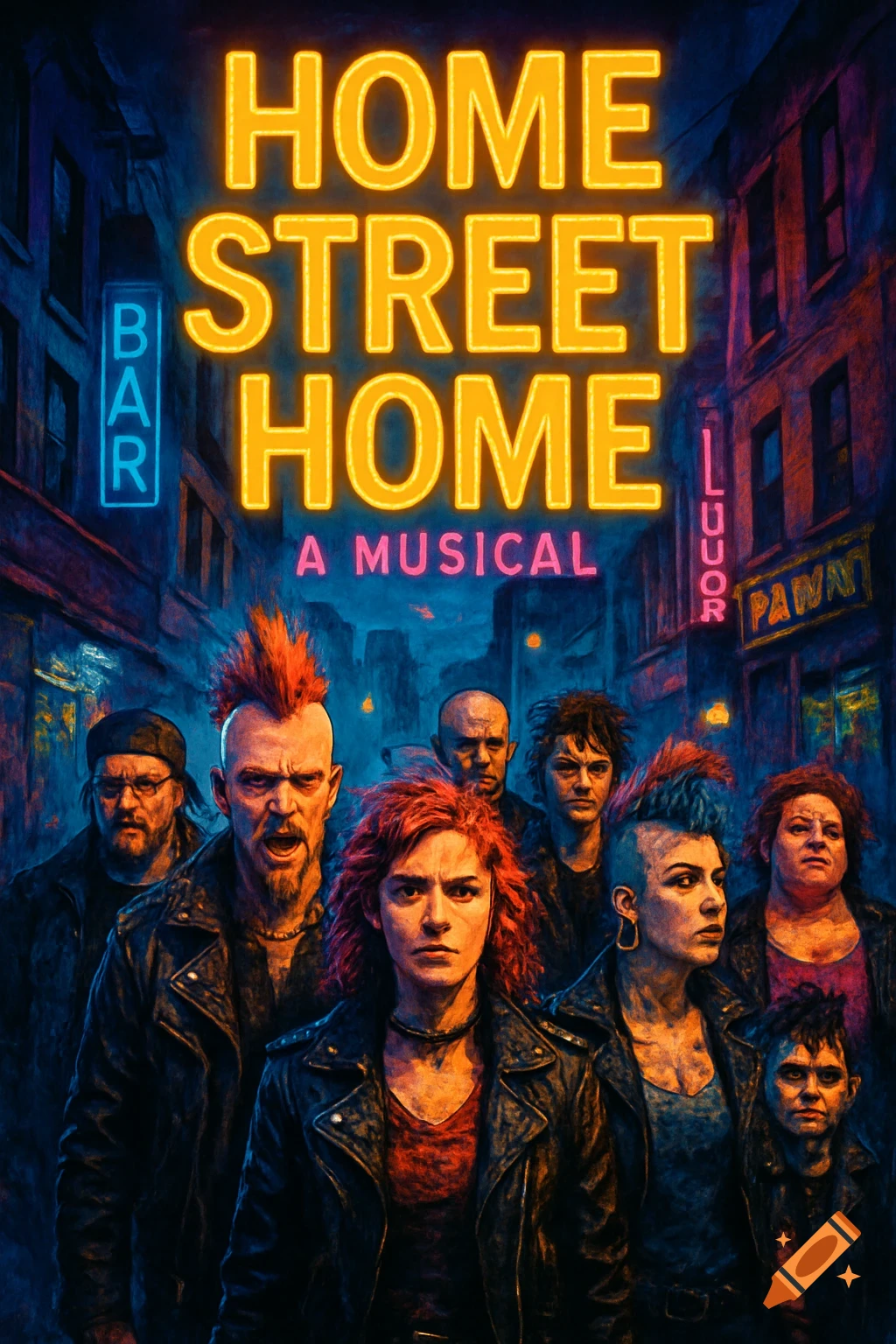 Stylized poster for 'HOME STREET HOME A MUSICAL' showing a diverse group of punk-rock individuals in a dark urban street.