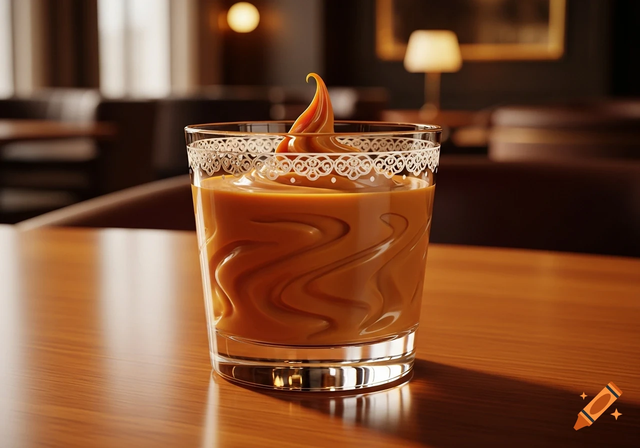 A glass of dulce de leche cream liquor with a decorative rim and swirling patterns, on a polished wooden table in a restaurant setting.