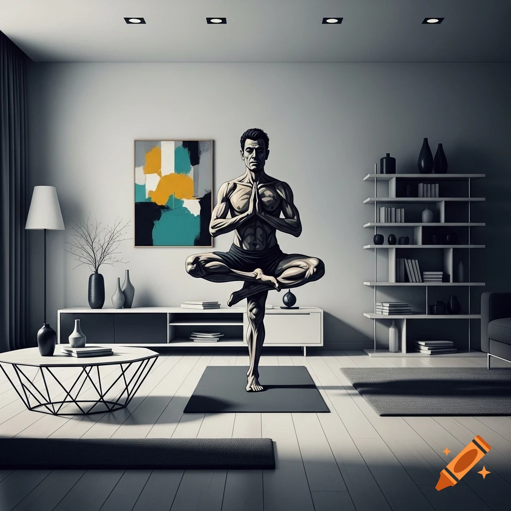 A stylized, muscular man performs a yoga tree pose on a mat in a minimalist modern living room with an abstract painting.