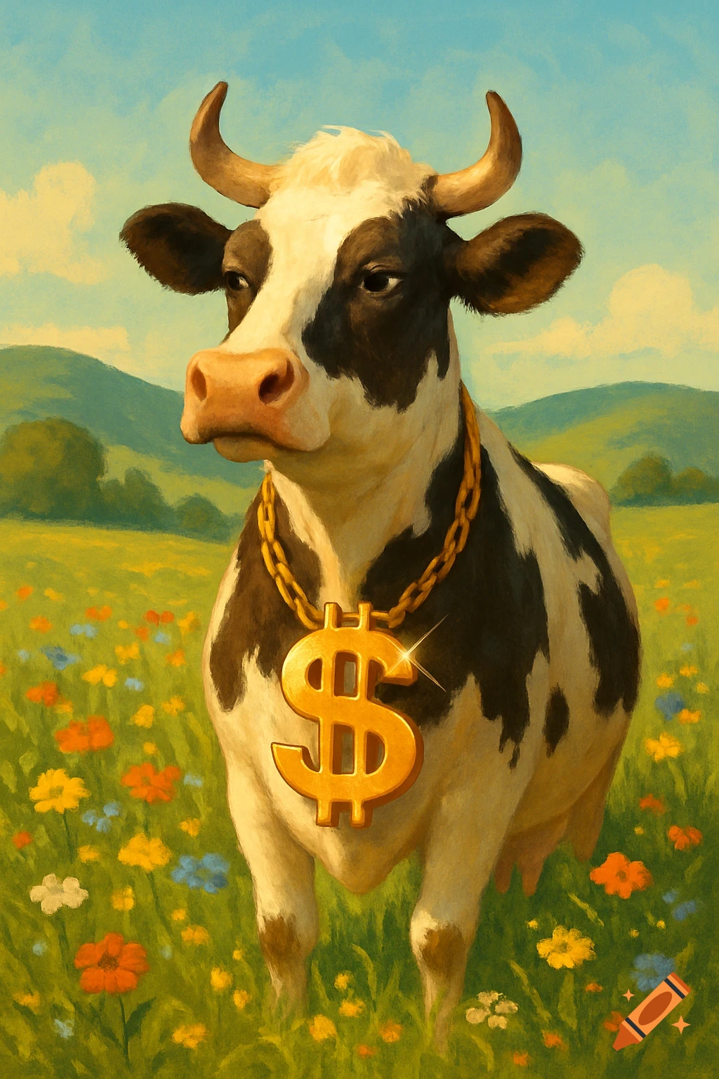 A black and white cow wearing a large golden dollar sign necklace stands in a vibrant green field with colorful wildflowers under a blue sky, in a painterly style.