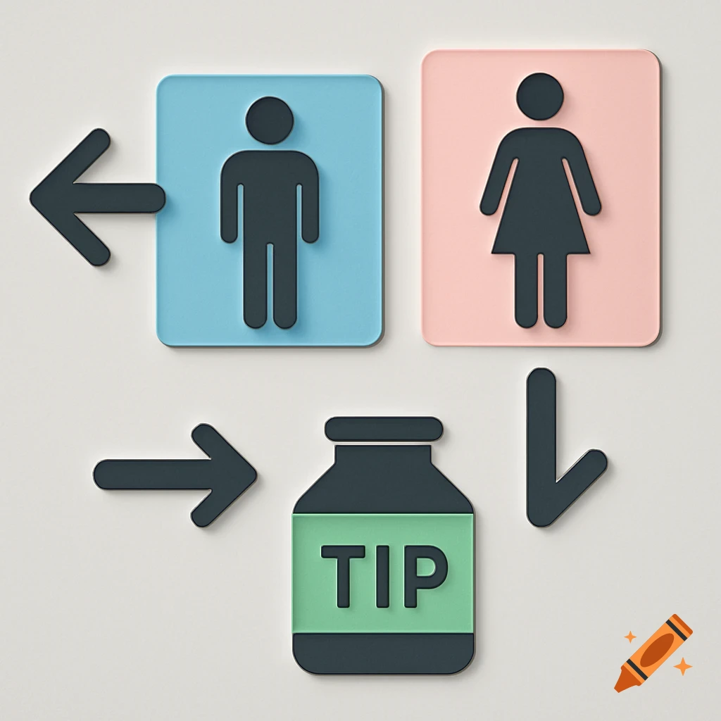 Diagram with blue male and pink female restroom signs, arrows, and a jar labeled 'TIP'.