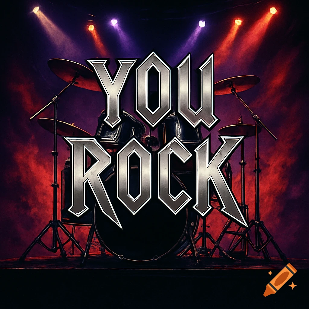 Metallic 'YOU ROCK' text in front of a heavy metal drum kit on a stage with red and purple spotlights.