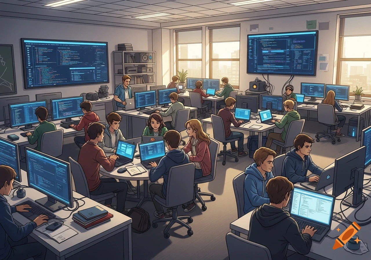 Cartoon illustration of a bustling computer science classroom with many students working on desktop and laptop computers.