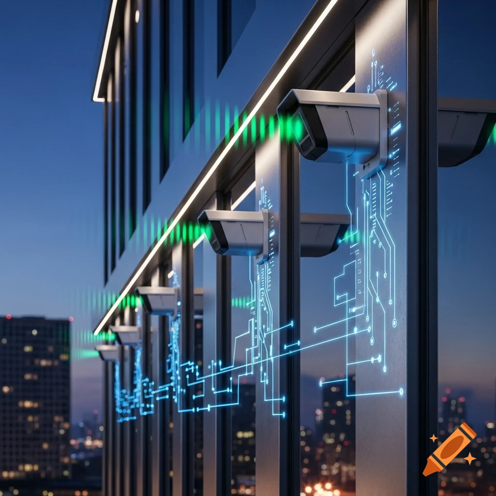 Security cameras with glowing green lights and blue circuit board patterns on a modern building at dusk, with a city skyline in the background.