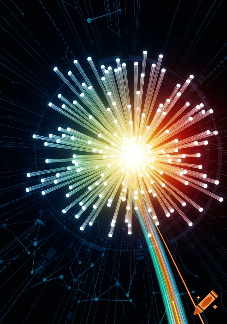 Abstract glowing fiber optic cables radiating colorful light from a bright center on a dark, circuit-like background.