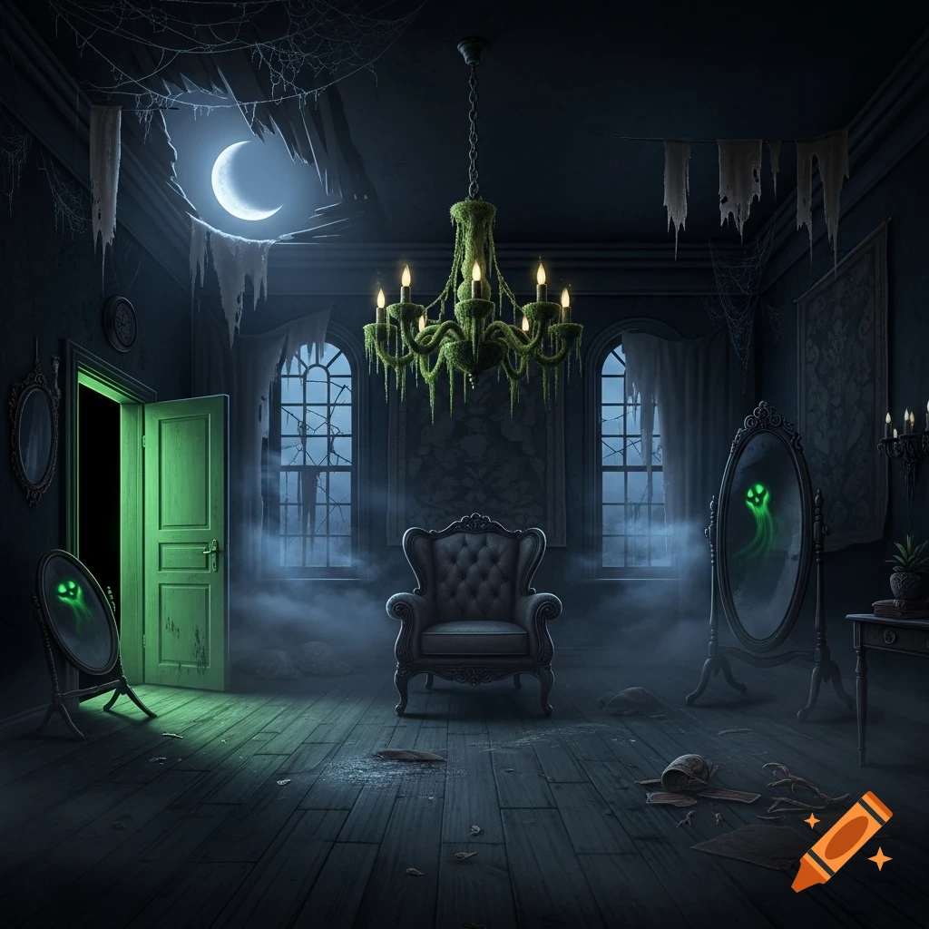 Dark, eerie room with a mossy chandelier, an armchair, and glowing green ghosts in mirrors. A crescent moon shines through a ceiling hole.