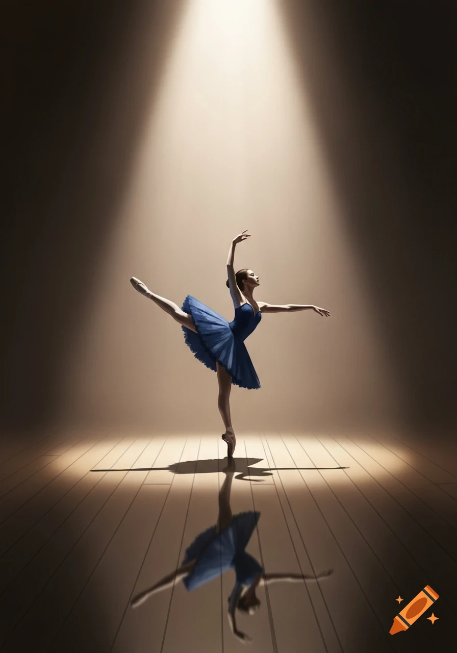 A ballet dancer in a blue tutu performs en pointe on a reflective stage under a spotlight.