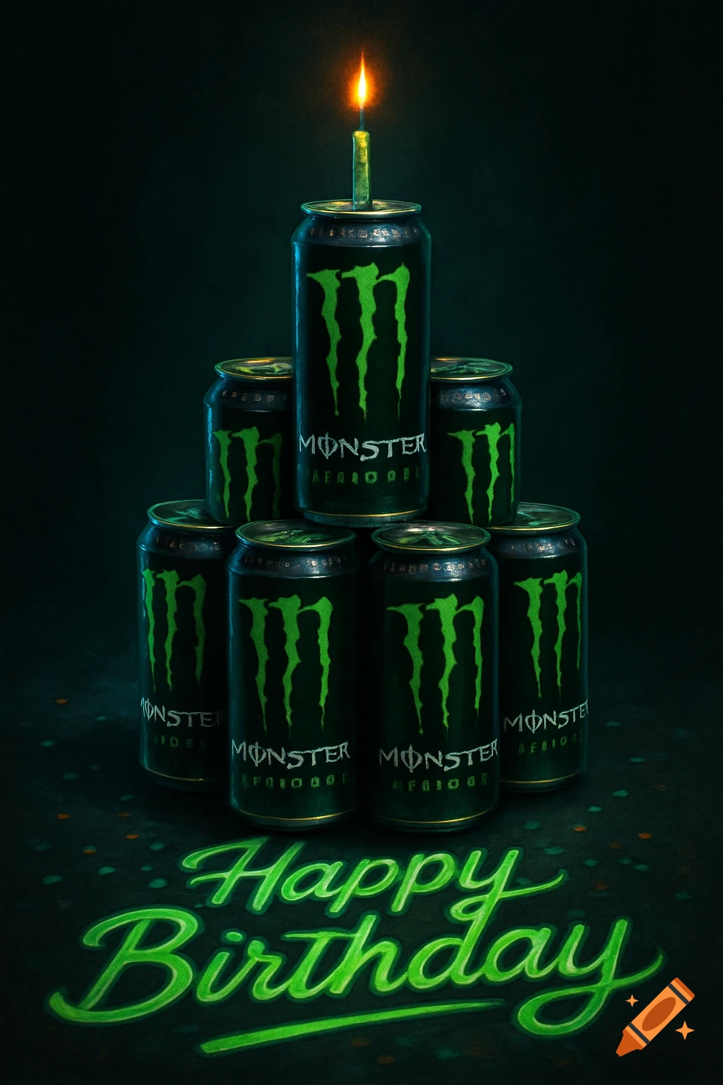 A pyramid of black and green Monster Energy drink cans, with a lit birthday candle on top, and glowing green "Happy Birthday" text below.