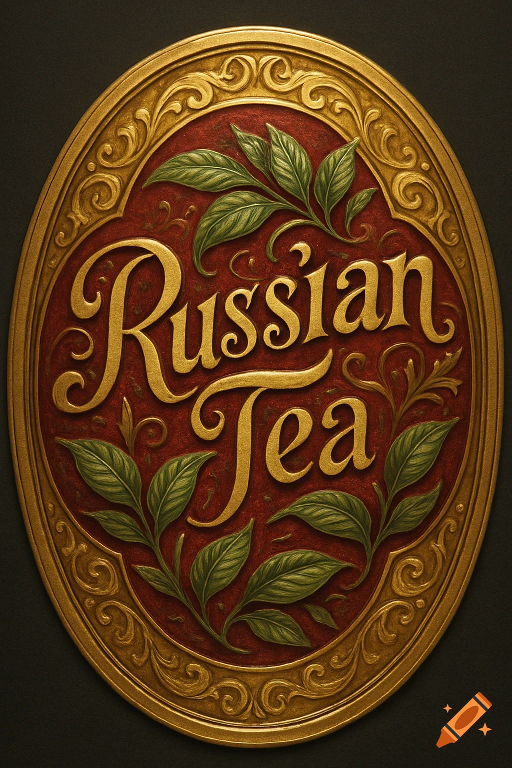 An ornate oval label in red and gold with green leaves, featuring the words 'Russian Tea' in gold lettering.