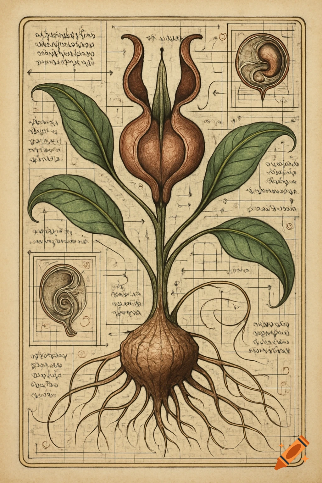 A vintage-style botanical illustration of a plant with a large root bulb, stem, leaves, and an intricate flower, surrounded by blueprint lines, arrows, and unreadable marginalia on aged parchment.