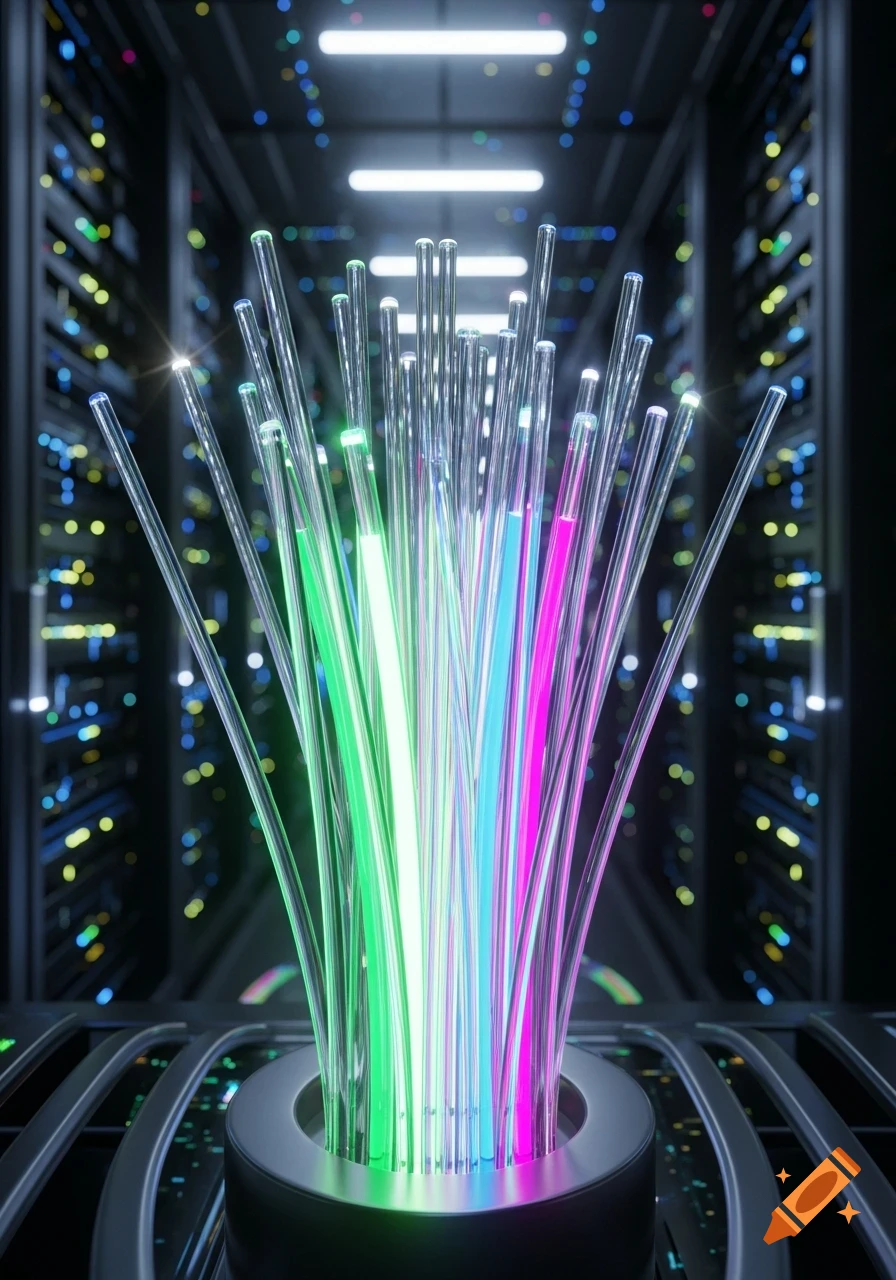 Close-up of vibrant glowing fiber optic cables against a blurred background of a data center server room.