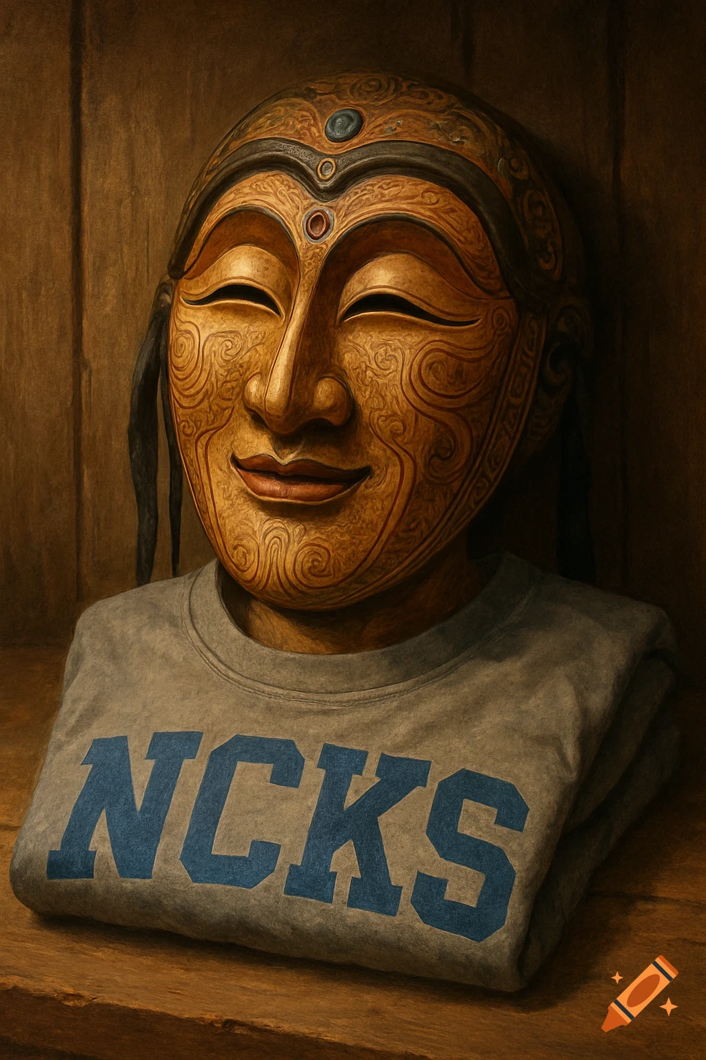A close-up, painting-like image of a smiling, ornate wooden Korean dance mask wearing a gray t-shirt with 'NCKS' in blue letters.