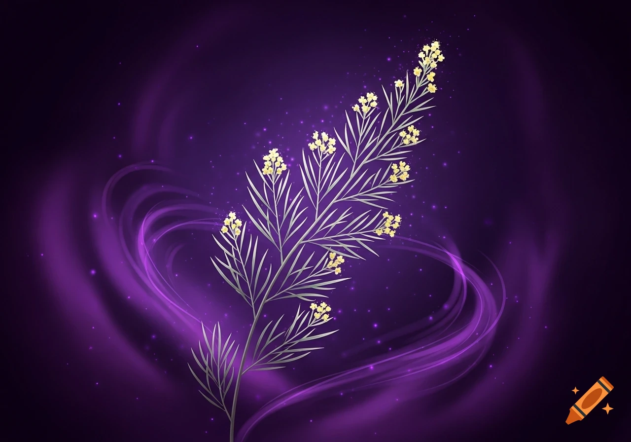 A stylized Descurainia sophia plant with small yellow flowers and delicate leaves, set against a dark purple abstract background with glowing ethereal swirls and small sparkles.
