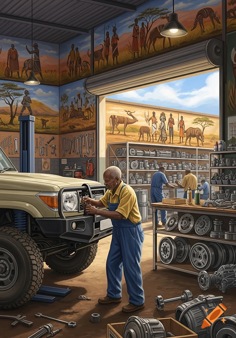 An older Black mechanic works on a tan SUV in a garage with African savanna murals on the walls and shelves full of car parts.