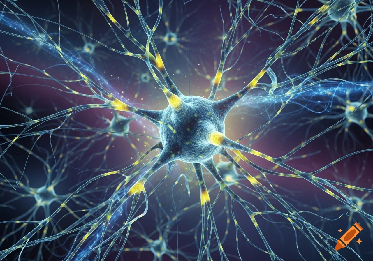 Microscopic view of a neuron with glowing yellow dendrites and blue electrical impulses, surrounded by other nerve cells.
