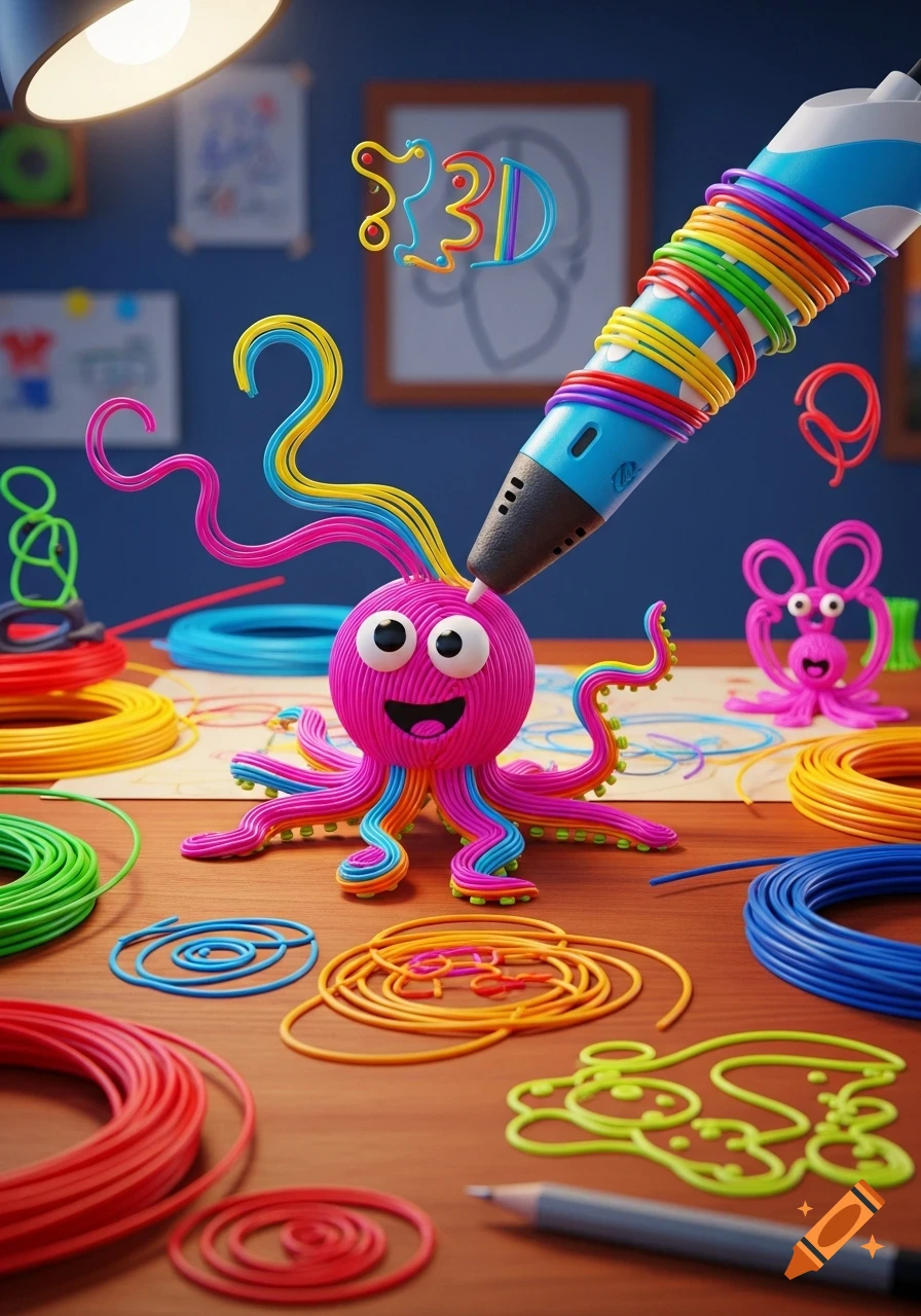 A colorful 3D pen drawing a pink cartoon octopus on a wooden desk with various plastic filaments, surrounded by other 3D creations.