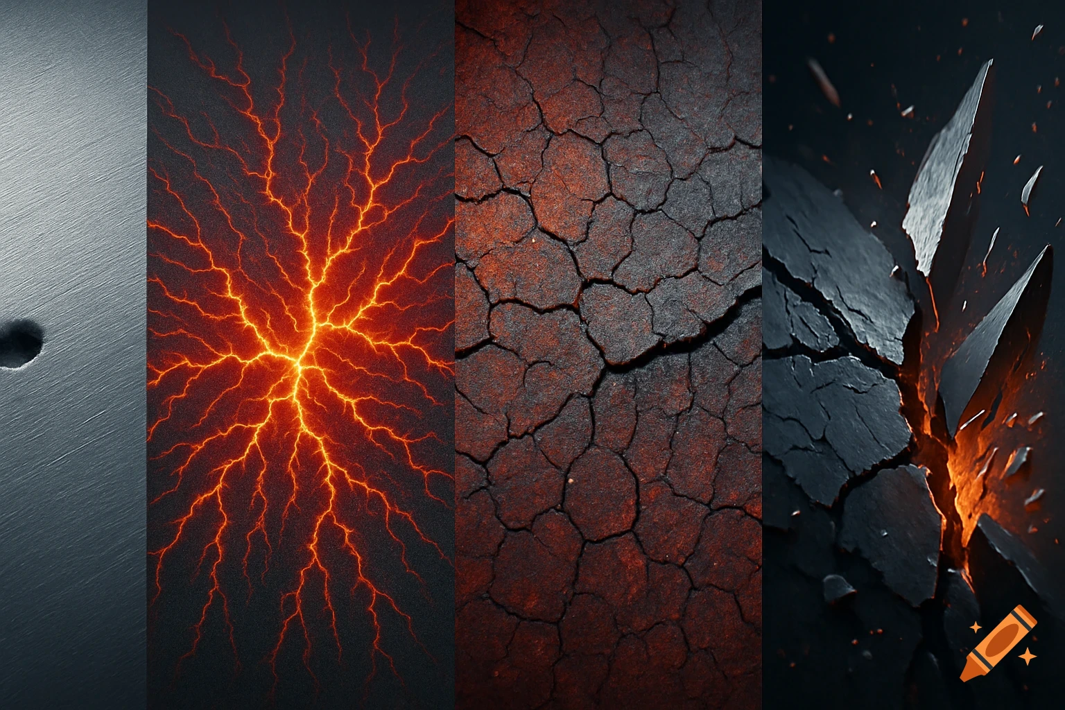 Four panels illustrating material degradation: a smooth grey defect, red lightning-like stress, cracked earth, and a jagged fracture revealing orange light.