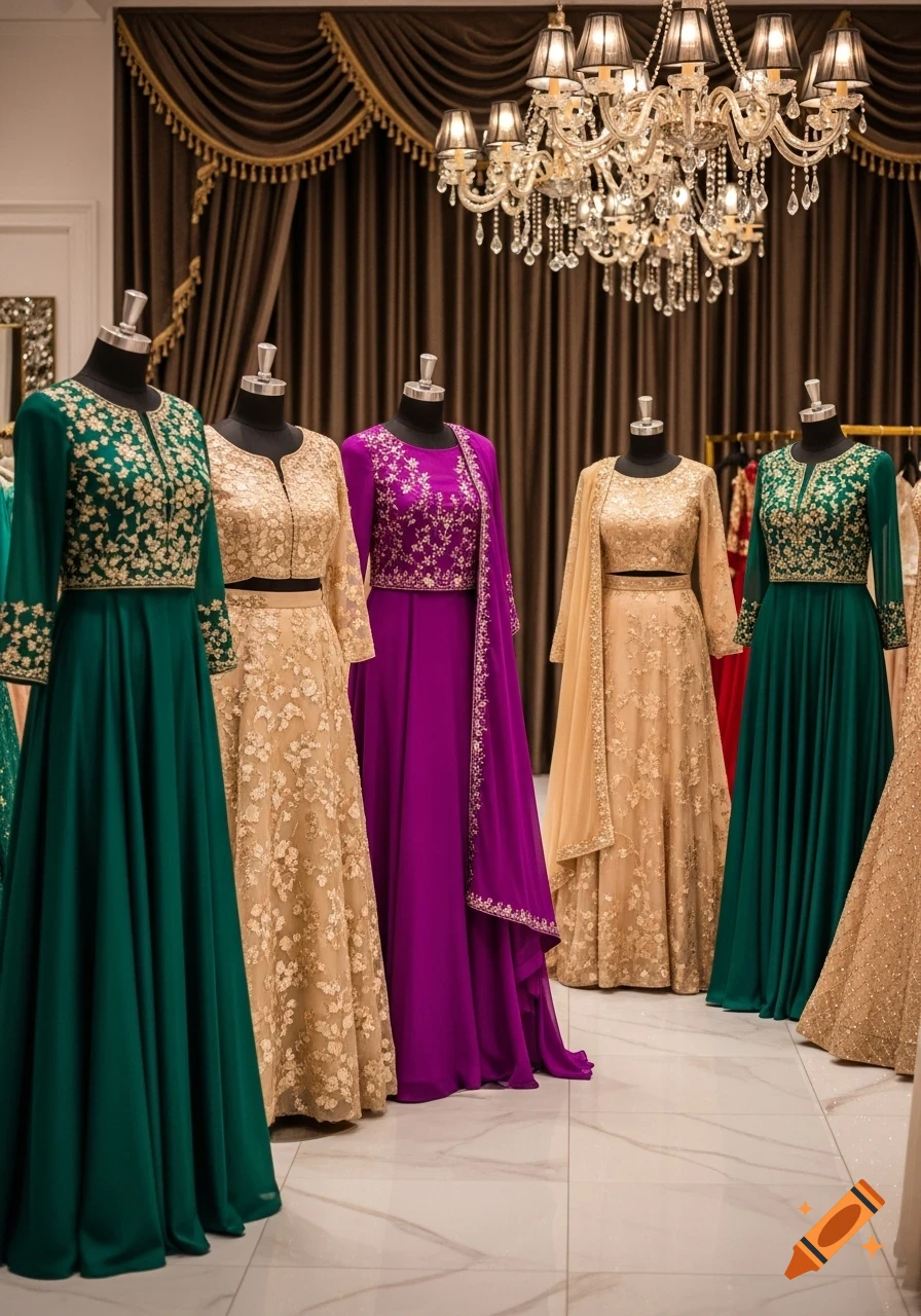 Mannequins display ornate green, gold, and purple traditional dresses in a luxurious boutique with a grand chandelier.