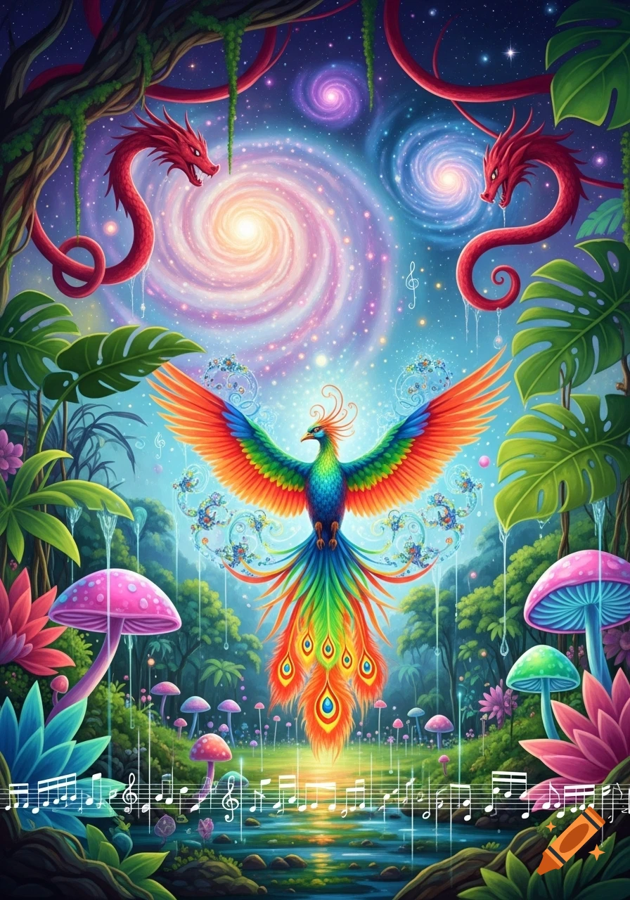 A vibrant, colorful phoenix with spread wings, surrounded by red dragons, glowing mushrooms, and swirling galaxies in a lush, fantastical jungle scene with musical notes floating over water.