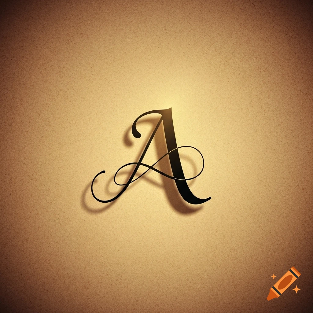 An elegant, black calligraphic uppercase letter A with shadows on a textured, light brown background.