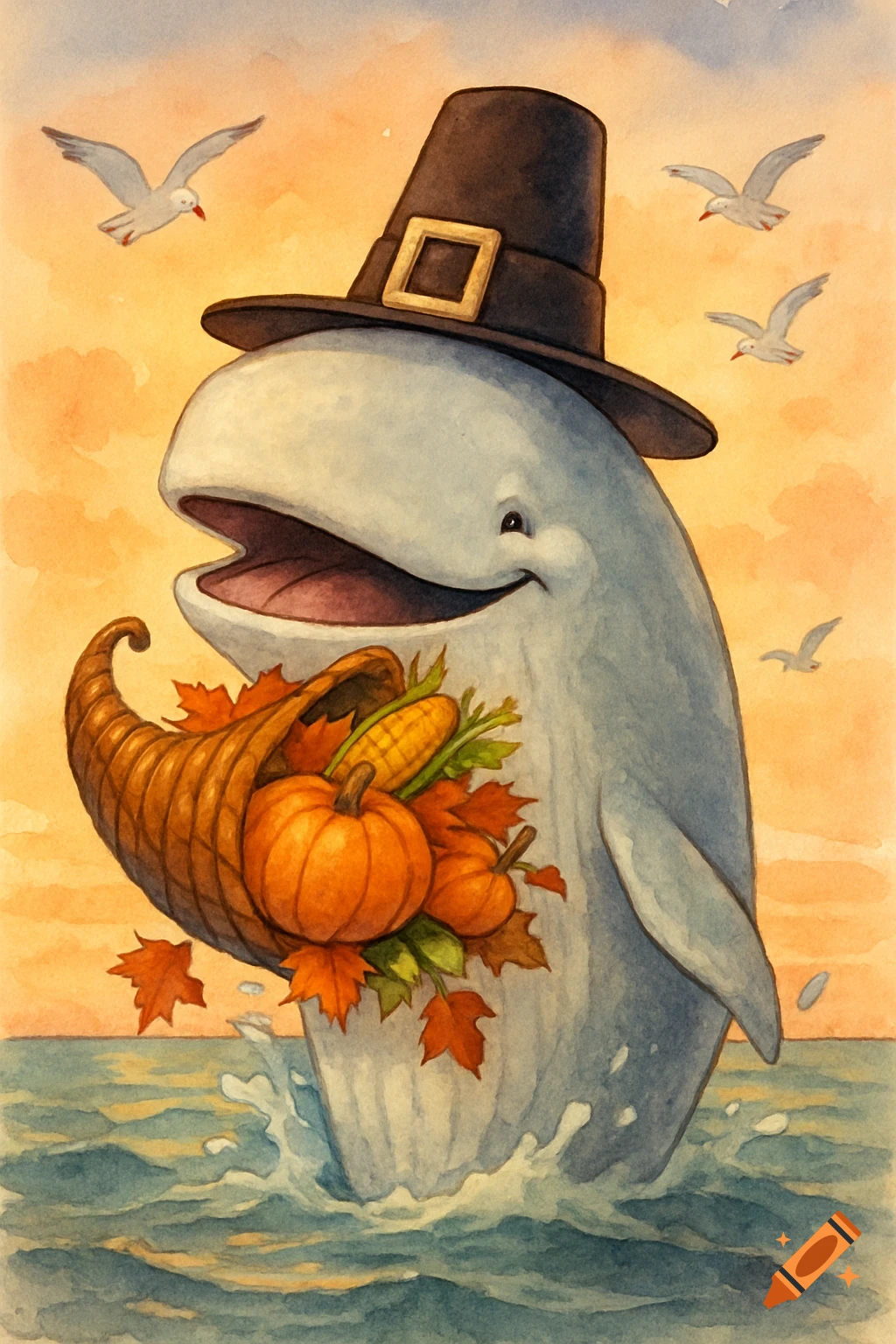 Watercolor illustration of a beluga whale in a pilgrim hat holding a cornucopia of pumpkins and corn, standing in ocean water with seagulls.