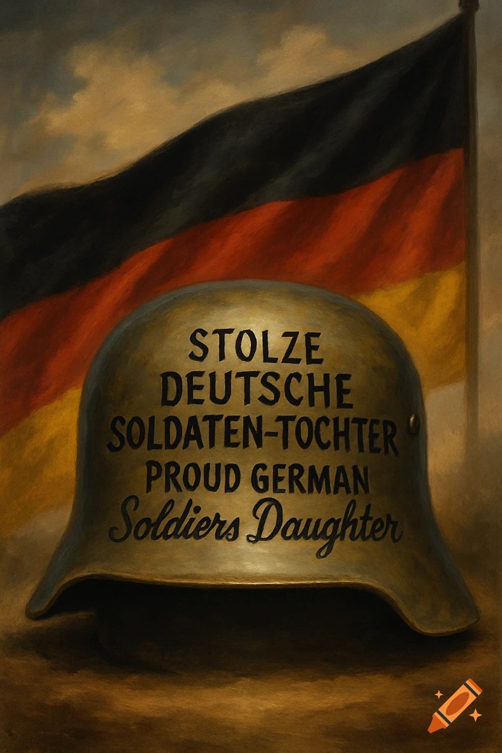 A painting of a German flag behind a helmet with 'PROUD GERMAN Soldiers Daughter' inscribed on it.