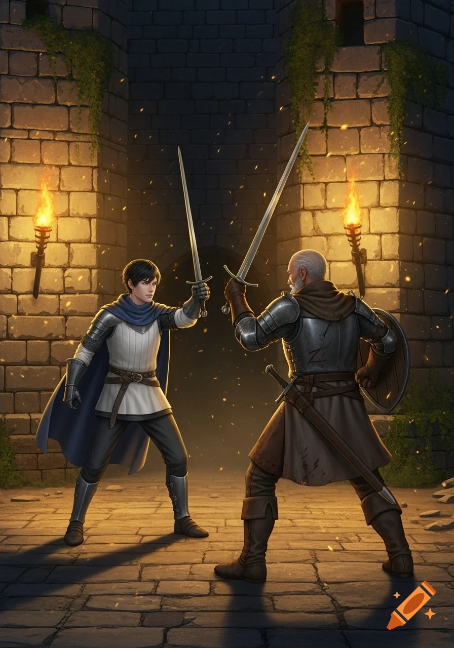 A young knight and an older knight duel with swords in a torch-lit medieval castle courtyard.
