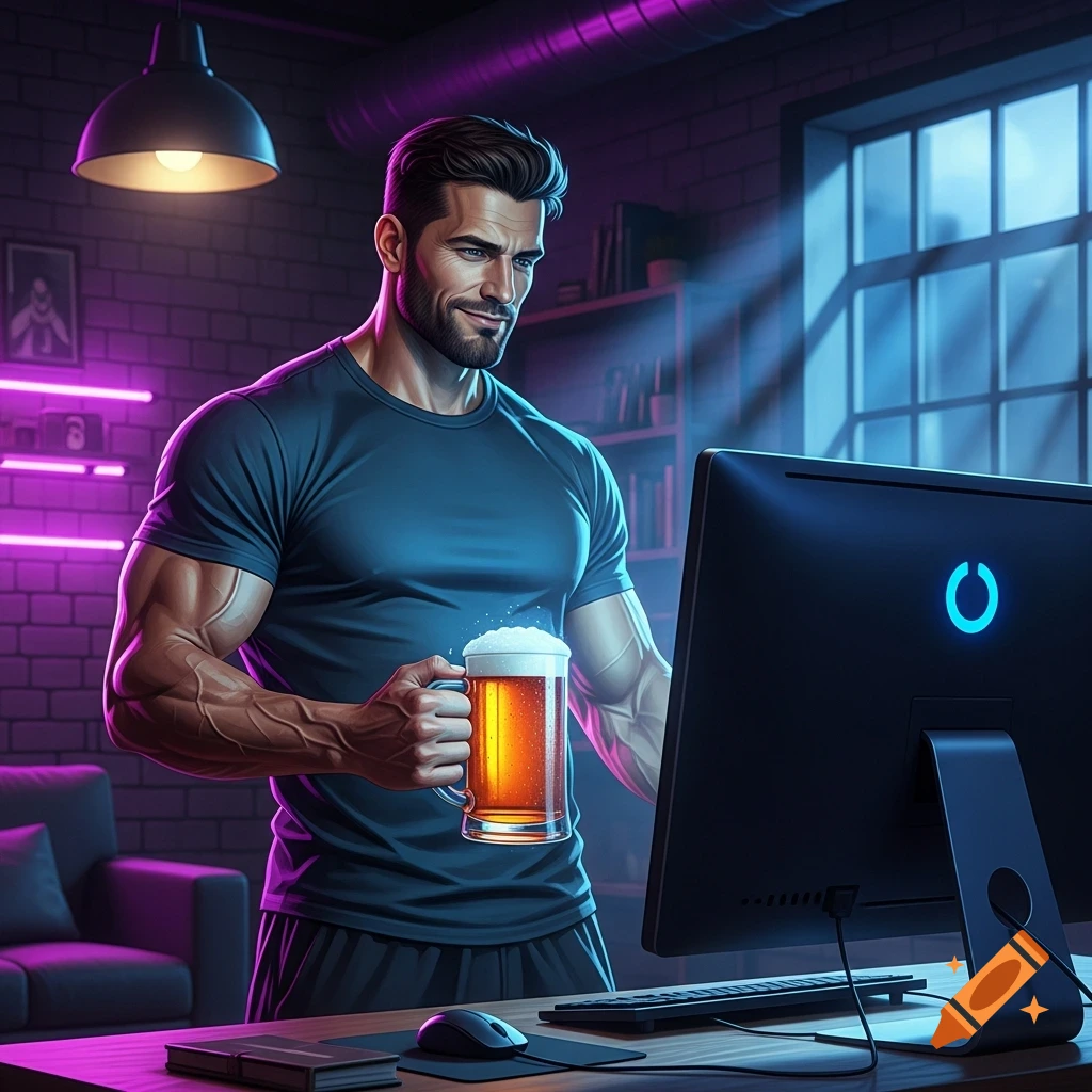 A muscular, bearded man holds a glass of beer while looking at a computer screen in a neon-lit room.