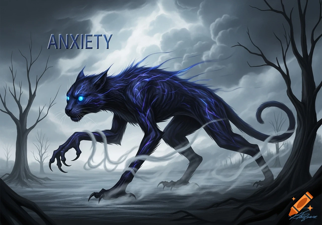 A dark fantasy illustration of a spectral black feline creature with glowing blue eyes and electric patterns in a misty, barren landscape, with the word ANXIETY overhead.