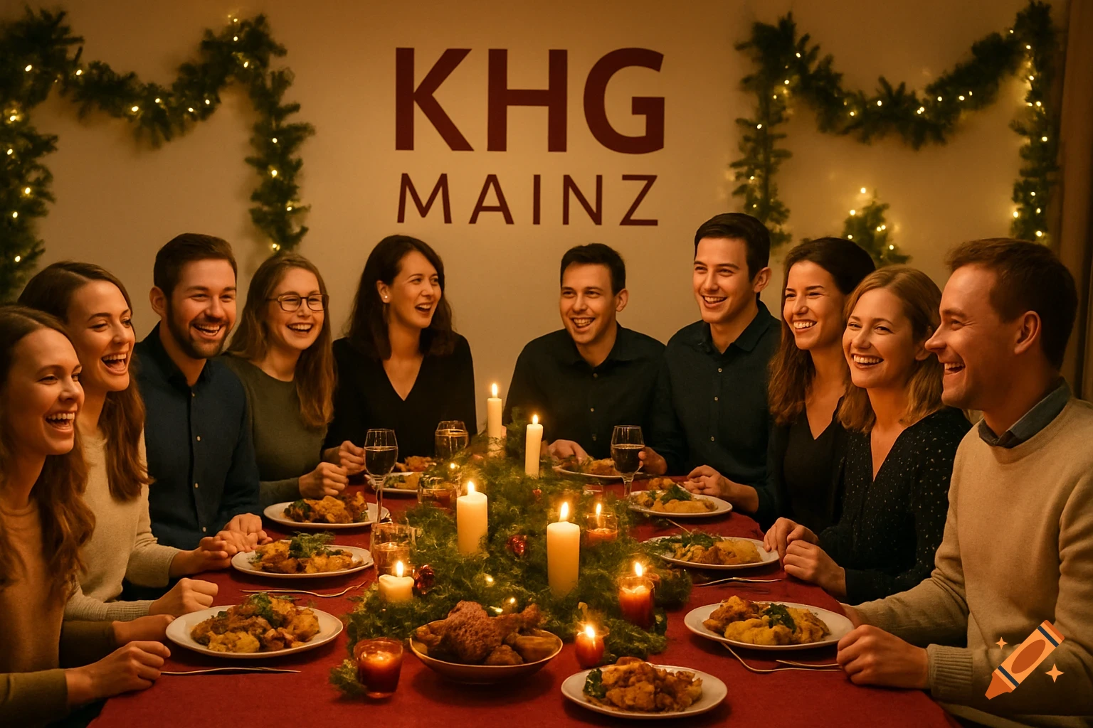 Eleven happy colleagues at a festive Christmas dinner with candles and garlands, 'KHG MAINZ' logo on the wall.