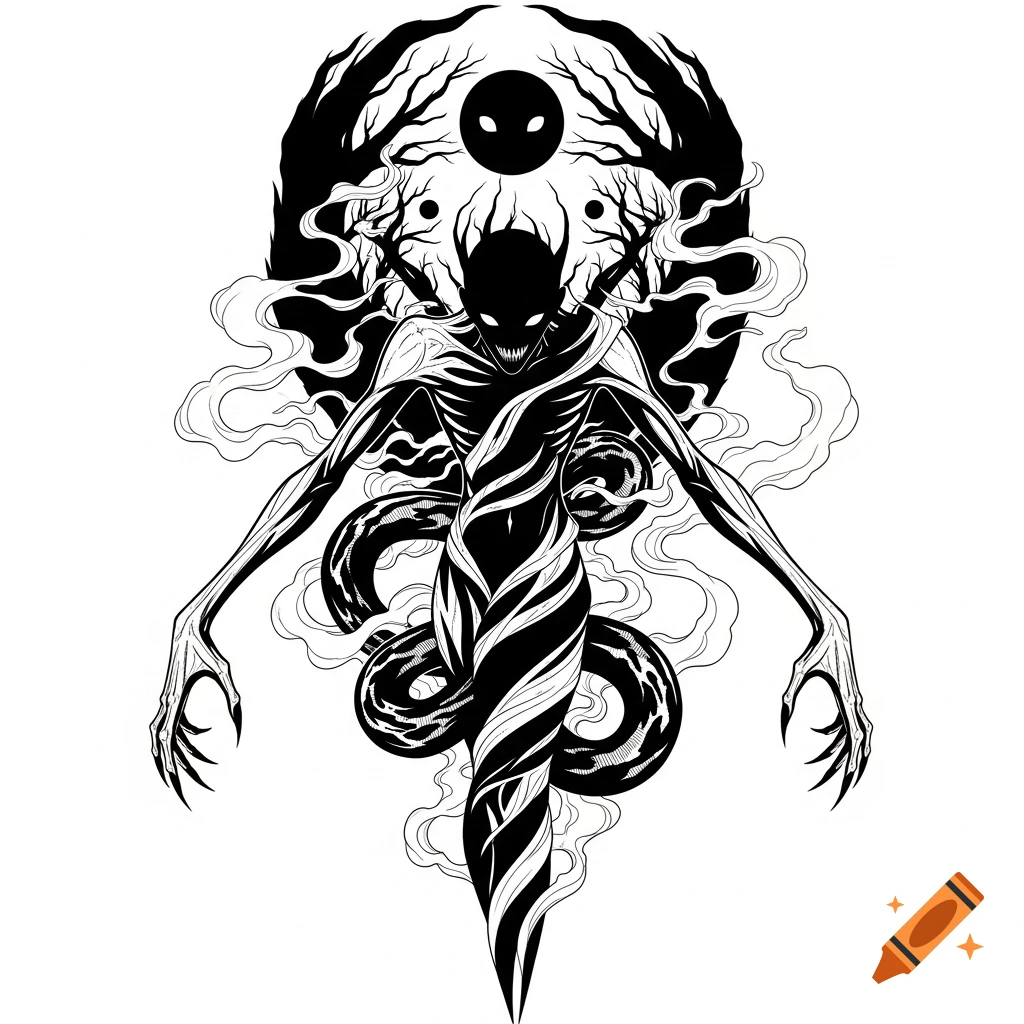 Black and white horror illustration of a skeletal, demonic figure with sharp claws and teeth, wrapped in tendrils, against a dark forest and smoke.