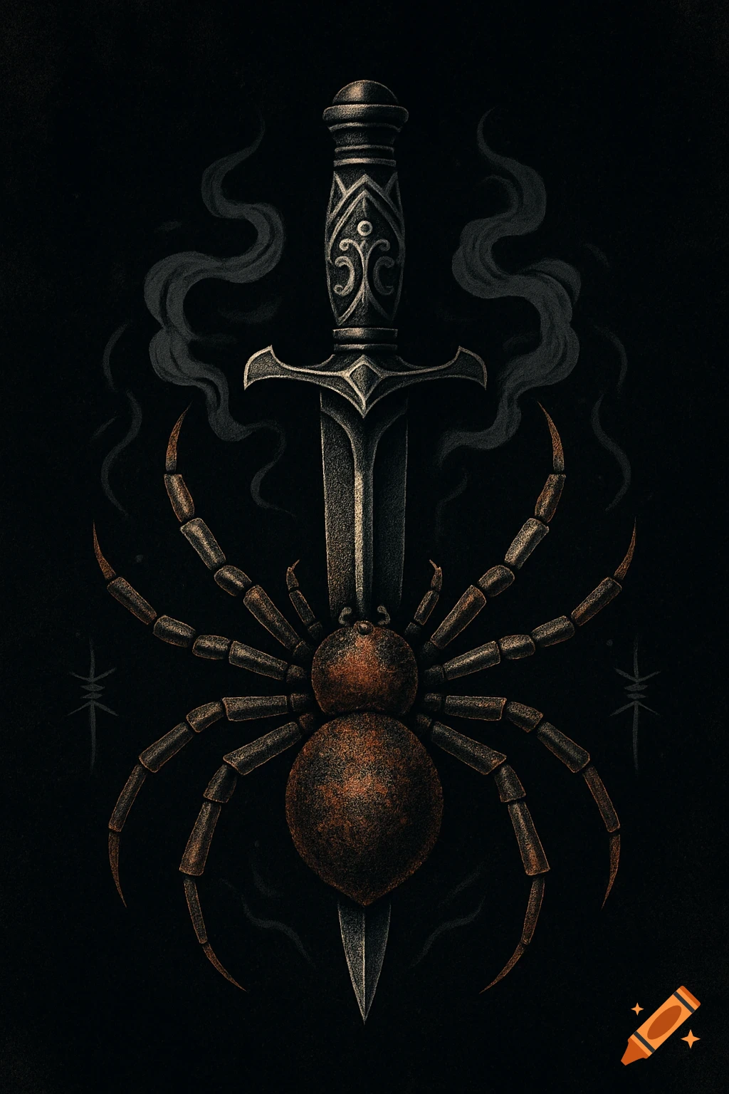 Symmetrical dark fantasy illustration of a large brown spider impaled by an ornate dagger, with smoke rising on a black background.
