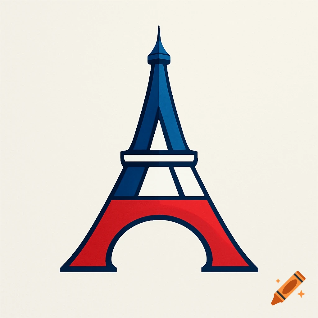 Stylized illustration of the Eiffel Tower in blue, white, and red, against a light background.