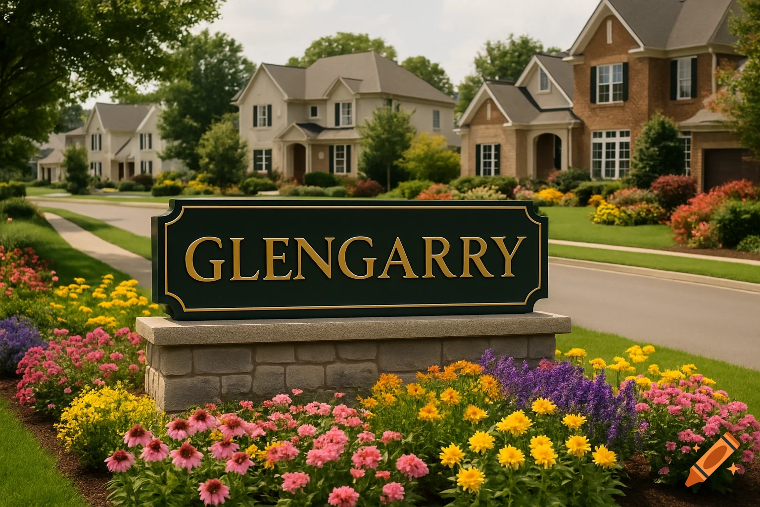 A street sign reading "GLENGARRY" in front of a vibrant flower bed, with suburban houses and a tree-lined street in the background.