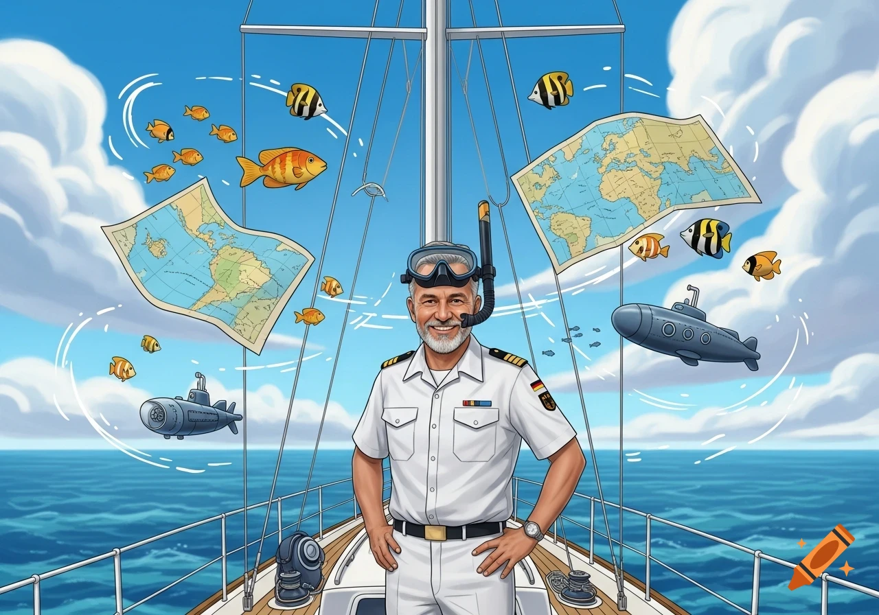 Cartoon illustration of a smiling grey-haired man in a captain's uniform with a snorkel, on a sailboat, surrounded by maps, fish, and submarines.