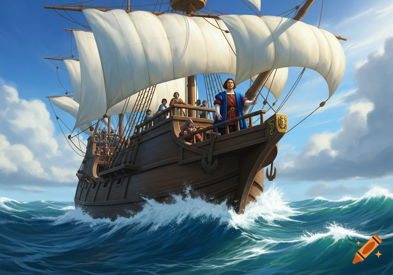 A large wooden caravelle ship with white sails navigates choppy blue seas under a clear sky. A man in blue and red stands at the bow.