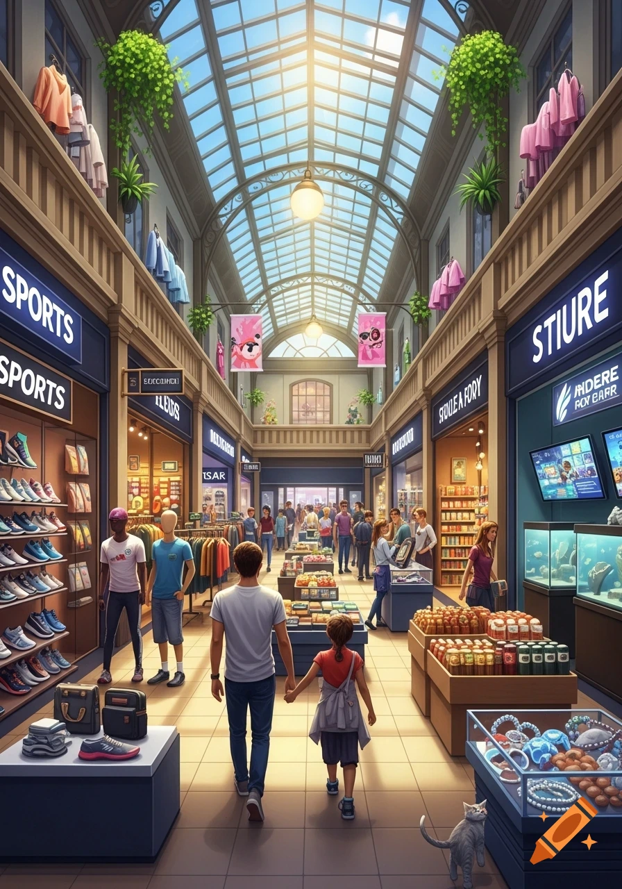 A bustling indoor shopping gallery with a high glass ceiling, featuring various stores including sports, clothing, and jewelry. People are seen shopping, and a man holds a child's hand while a cat walks on the floor.