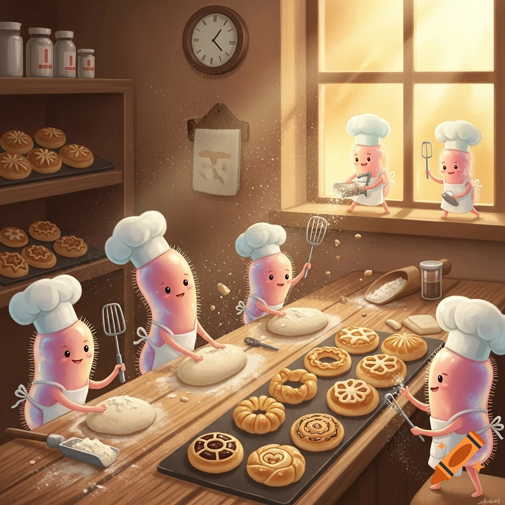 Whimsical cartoon bacteria bakers wearing chef hats and aprons, kneading dough and preparing pastries in a sunlit kitchen.