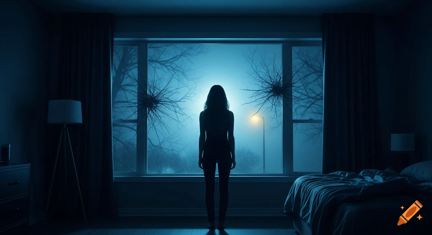 A woman's silhouette stands in a dark bedroom, looking out a large window at a blue, eerie night with bare branches and a distant street lamp.