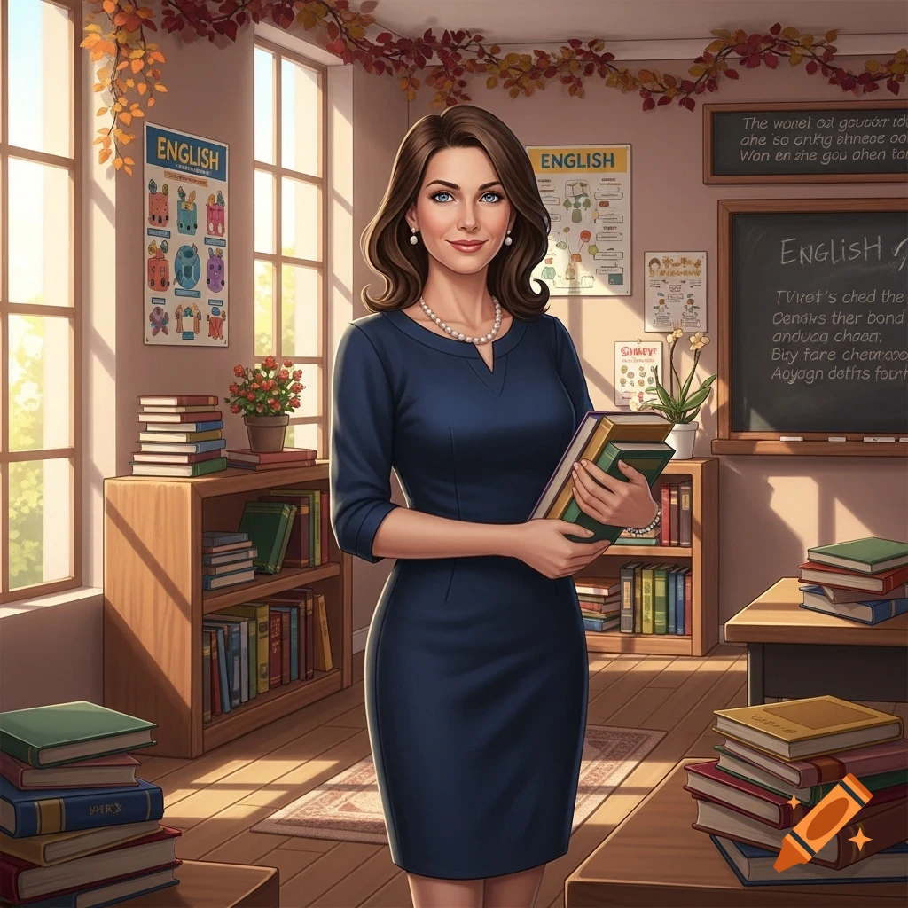 Smiling English teacher with brown hair and blue eyes, holding books in a sunny classroom with shelves and autumn decor, digital art.