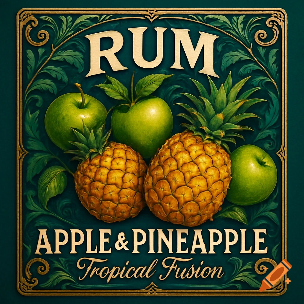 A vintage-style label for "RUM APPLE & PINEAPPLE Tropical Fusion" with green apples and pineapples on a dark green, ornate background.