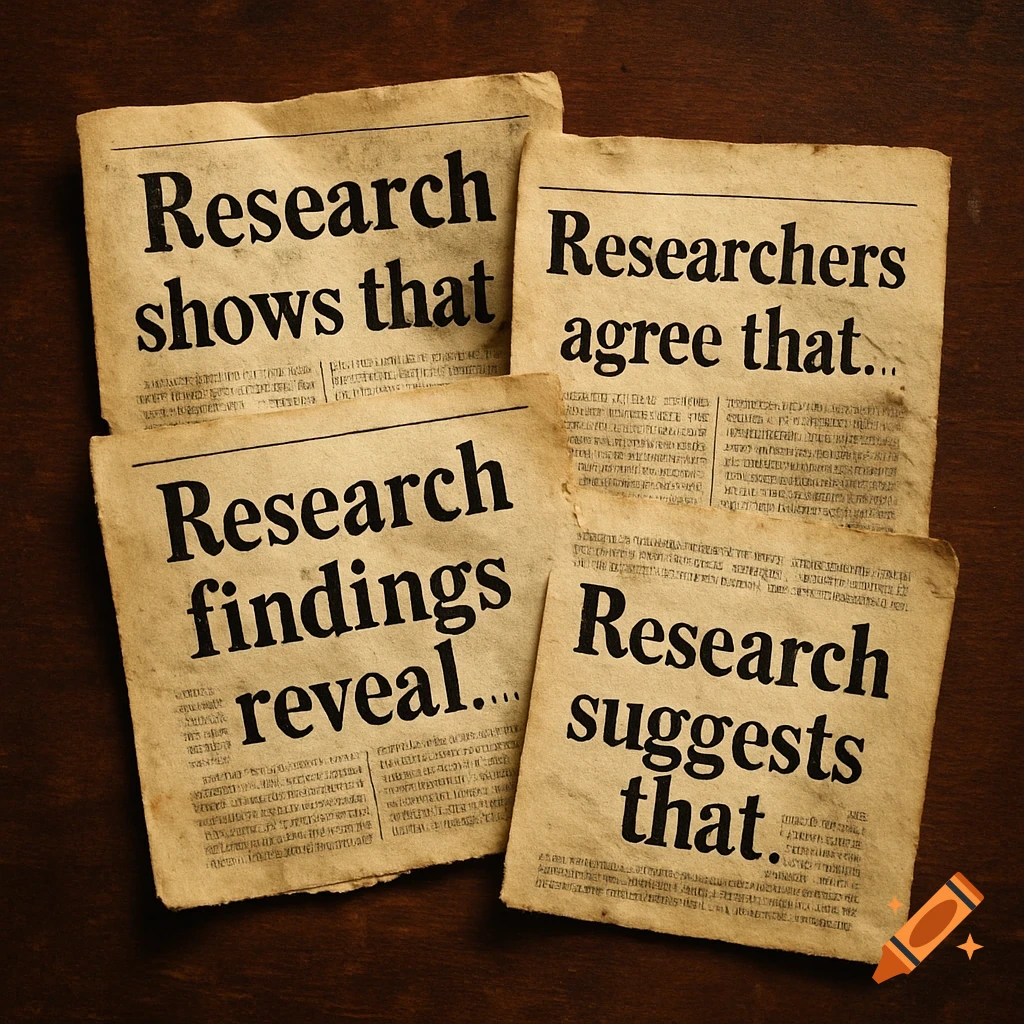 Four old newspaper excerpts with headlines like "Research shows that," "Researchers agree that," "Research findings reveal," and "Research suggests that." The body text is illegible.