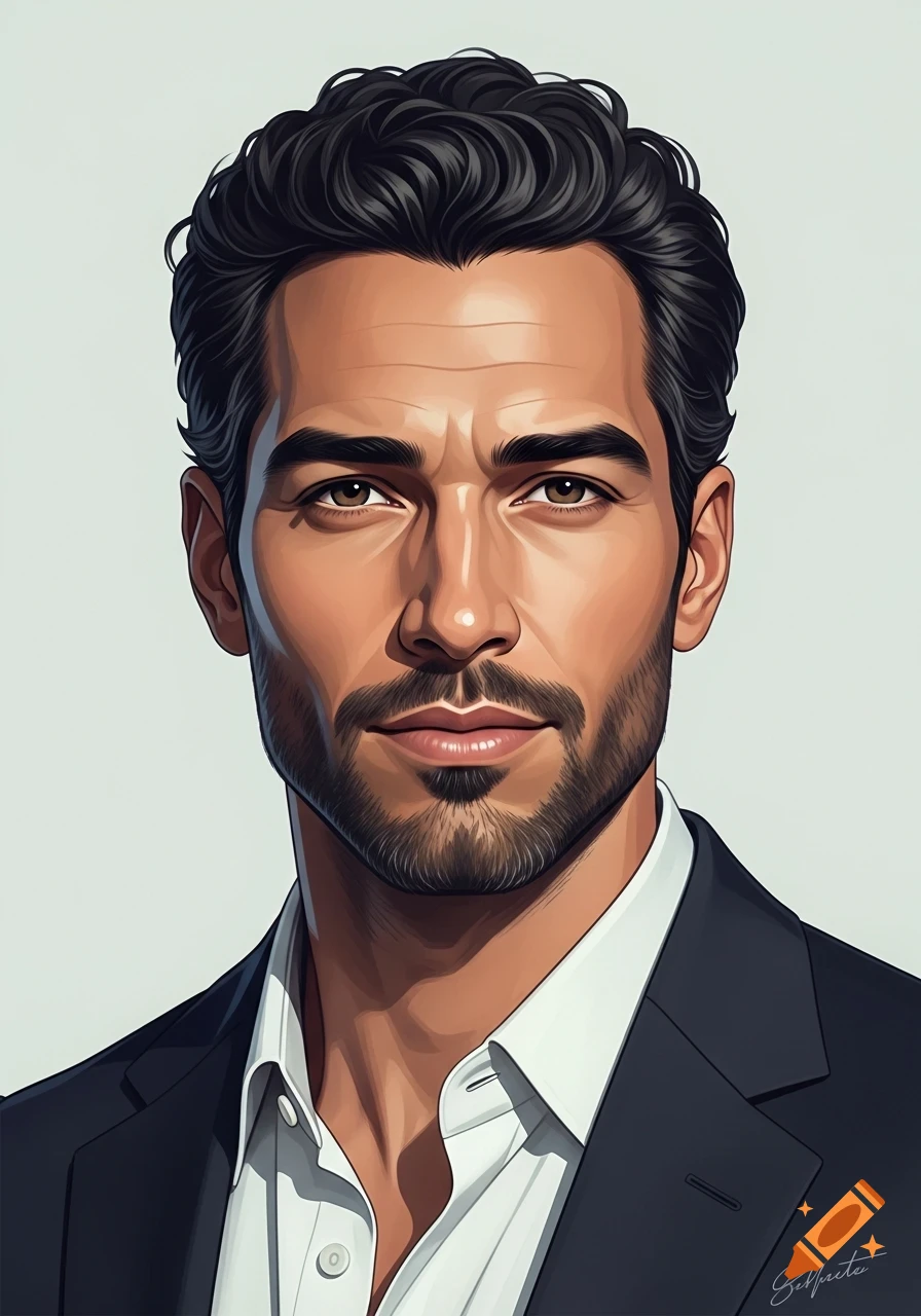Stylized digital illustration of a dark-haired man with a beard, wearing a suit and white shirt, looking forward.