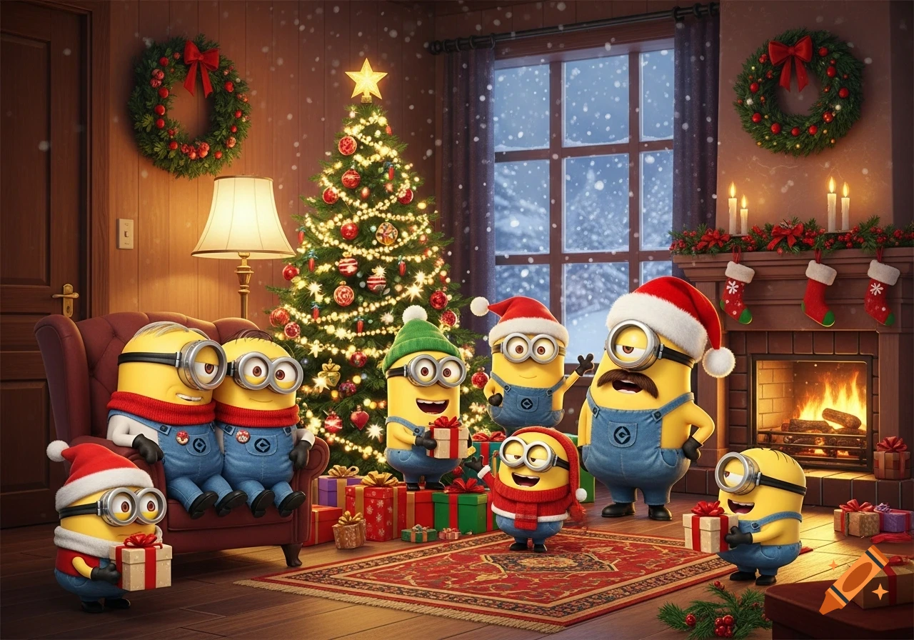Six Minions celebrate Christmas in a cozy living room with a decorated tree, fireplace, and falling snow outside.