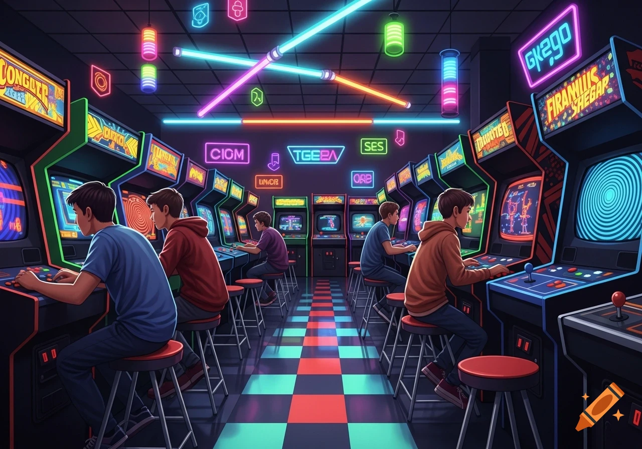 Young men play brightly lit arcade machines in a dark room with neon signs and a checkered floor, in a retro-futuristic style.